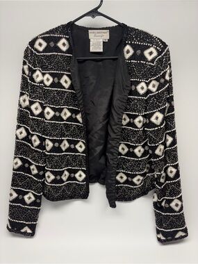 Papell Boutique Beaded Silk Evening Top Size S Black White Silver Vintage
